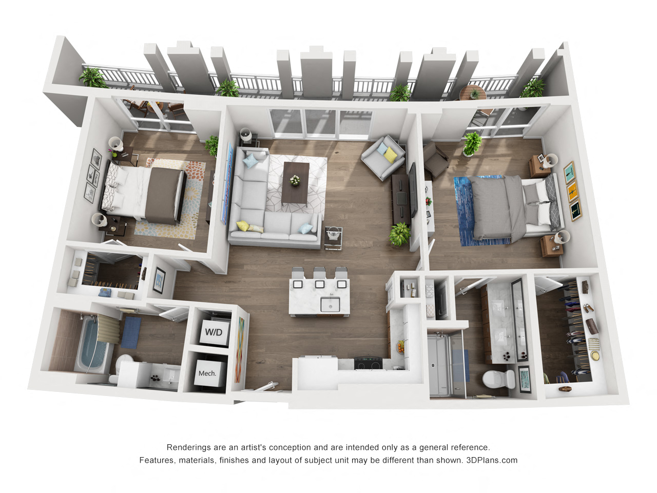 Floor plan for 2 beds, 2 baths, 1183 sqft